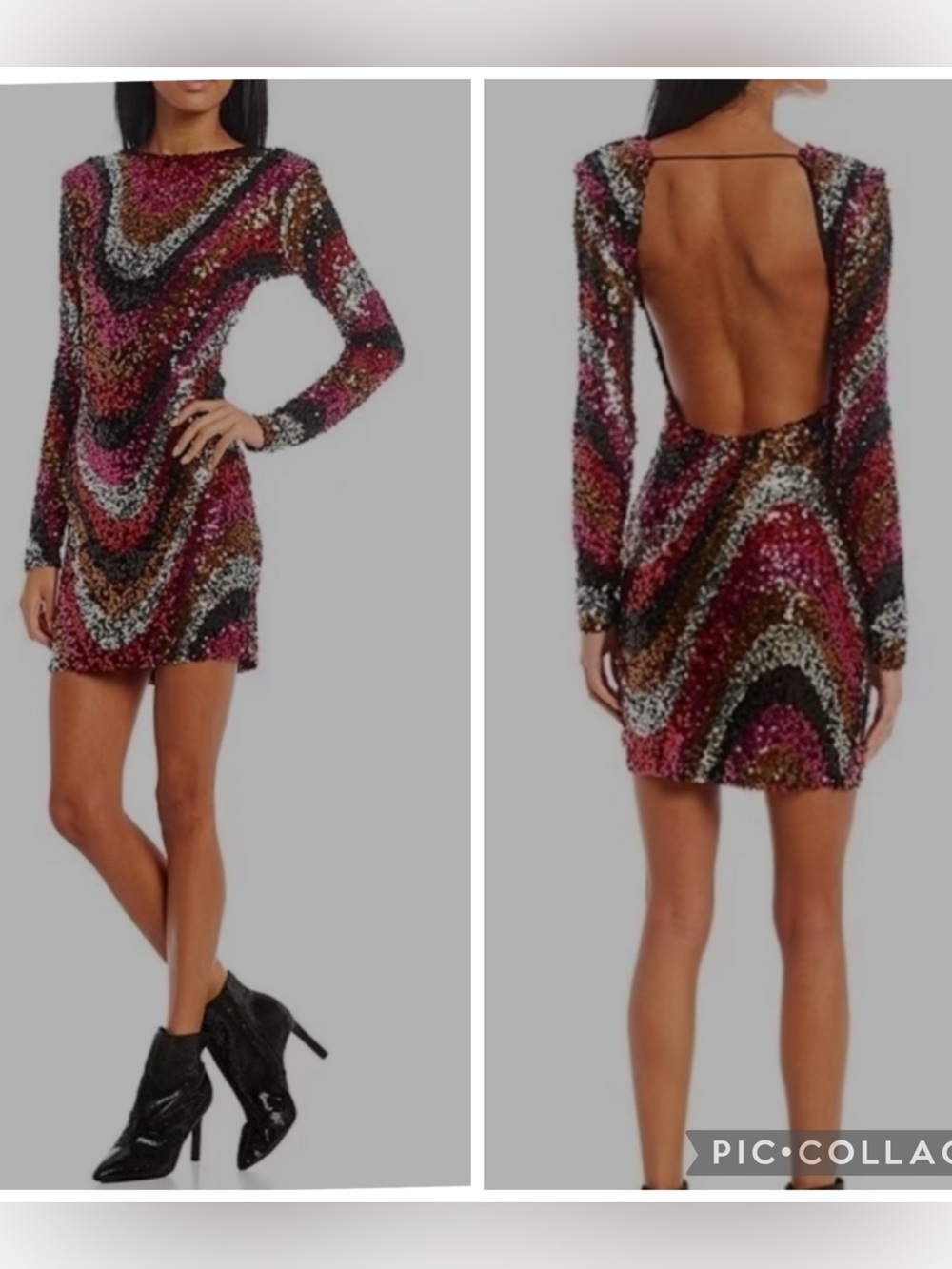 B Darlin Multicolor Sequin Long-Sleeve Backless Mini Dress w/ Stretch
